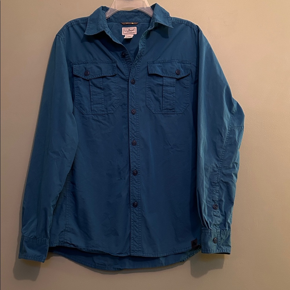 LL Bean Shirt Mens Teal Button Up Northline Ripstop Long Sleeve  Size M